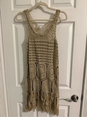 VENUS Open-Knit Crochet Tank Dress in Beige